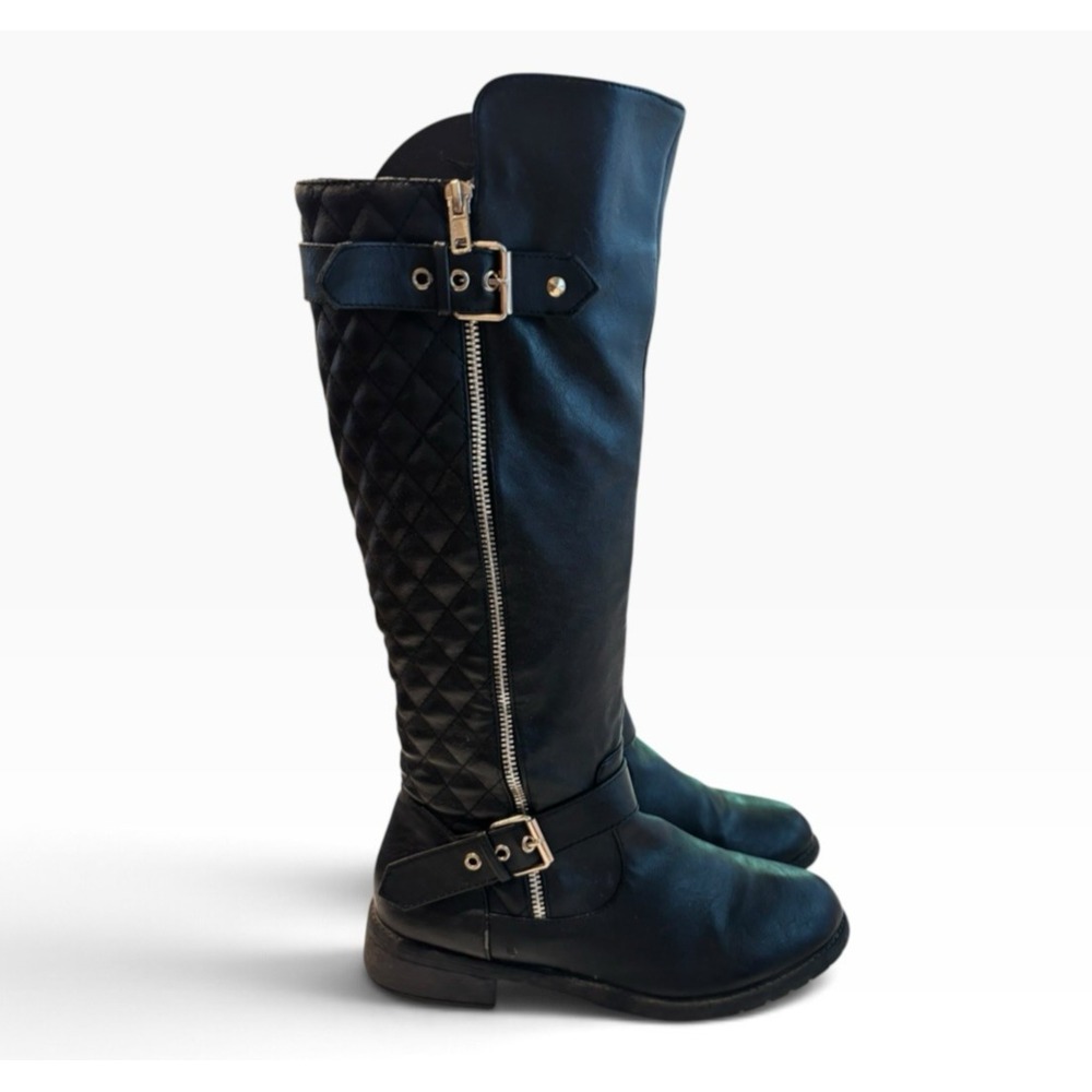 Black Quilted Knee High Riding Boots Gold Buckle Zip Moto Women's Size 8.5